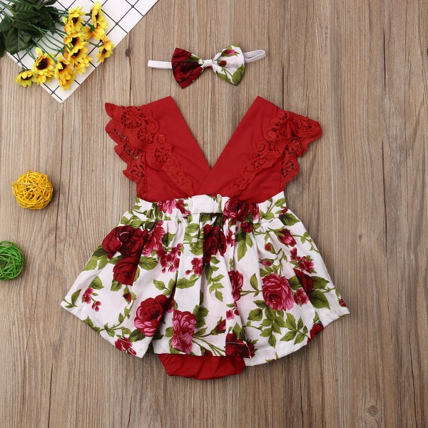 Bộ quần áo chất liệu cotton và ren có in họa tiết hoa dành cho bé gái từ 0-24 tháng tuổi - INTL