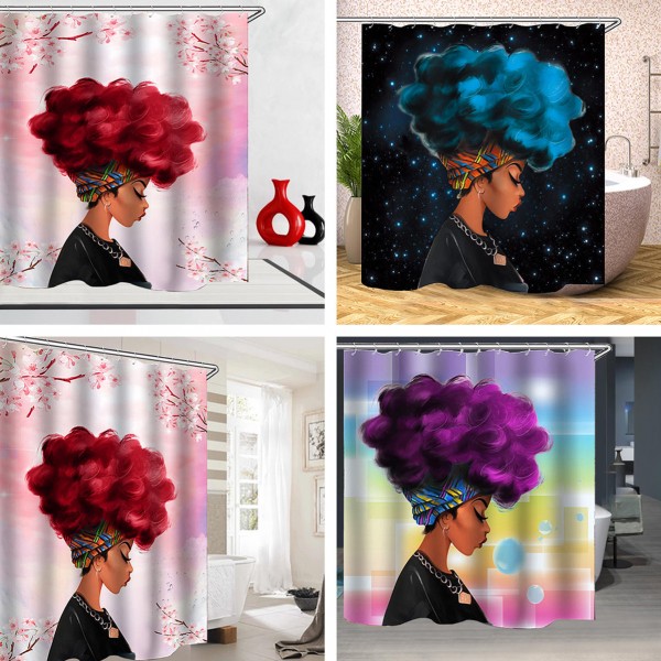 180x180cm African Girl Waterproof Polyester Bathroom Shower Curtain +12 Hooks