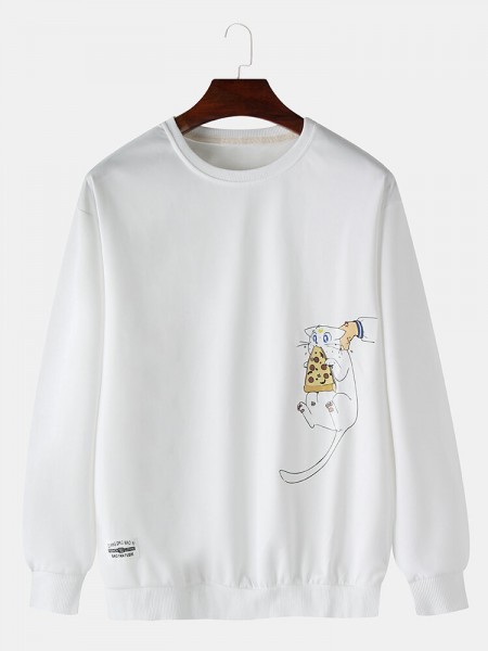 Cute Cartoon Cat Print Pullover Long Sleeve Drop Shoulder Sweatshirts For Men