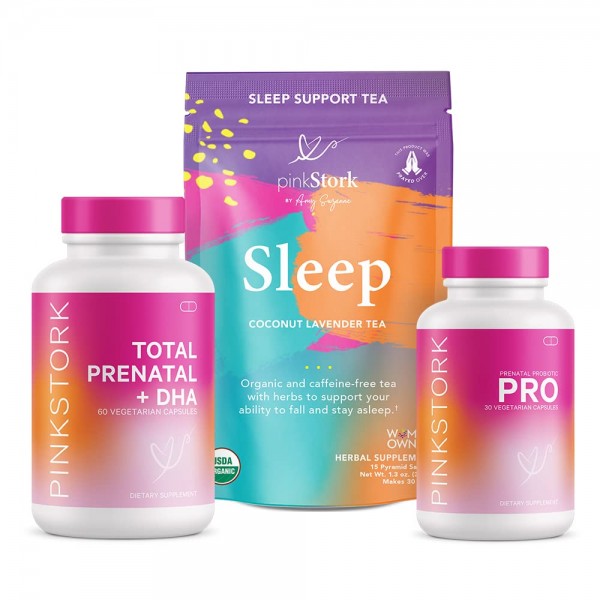 Pink Stork Pregnancy Bundle: Prenatal Vitamin with DHA + Folate, Prenatal Probiotics for Pregnant Women, Melatonin-Free Sleep Tea, Pregnancy Must H...