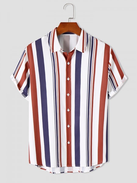 Mens Vertical Striped Button Up Preppy Short Sleeve Shirts