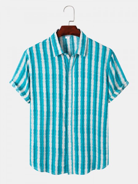 Mens Tie Dye Striped Print Button Up Short Sleeve Shirts