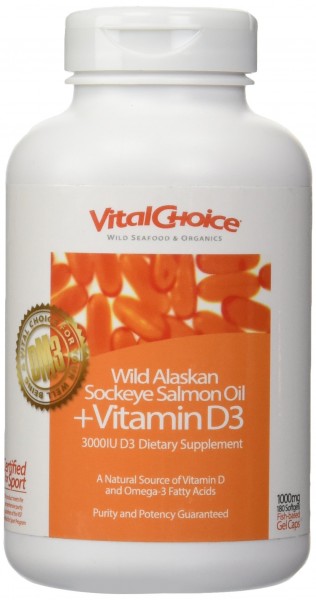 Vital Choice Wild Alaskan Sockeye Salmon Oil with Vitamin D, 1,000mg Soft Gels, 180 Count