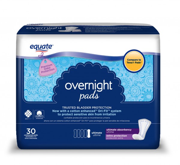 Equate Overnight Incontinence Pads for Women, Ultimate, 30 Ct - 3 PACK