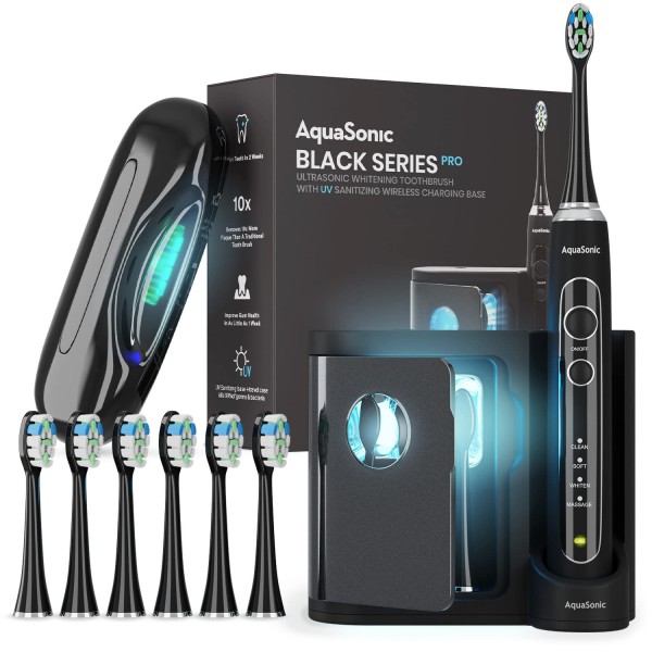 AquaSonic Black Series PRO – Ultra Whitening Toothbrush w UV Sanitizing Base – 4 Modes & Smart Timers – UV Sanitizing & Charging Travel Case – Ultr...