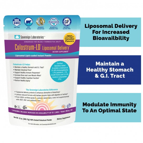 Colostrum-LD Liposomal Delivery - Colostrum Powder - Gluten-Free, Lactose-Reduced - 68 Servings - Sovereign Laboratories - 12oz Vanilla