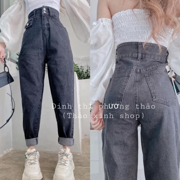 Quần jeans nữ Shynstores  quần baggy bò 2 khuy nắp túi lưng cao vải đẹp freeship