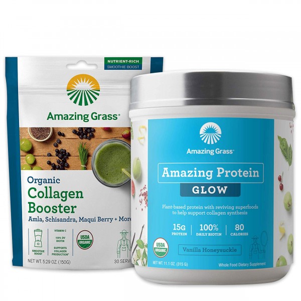 Amazing Grass Glow Collagen Booster Bundle - Vegan Protein Powder Vanilla Honeysuckle & Organic Collagen Booster