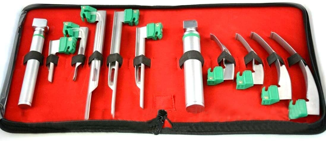 SurgicalOnline Deluxe Fiber Optic Oral Airway Emergency Kit with Case - Set of 9 Blades Straight + Curved & 2 Handles Green Cool Light Source First...