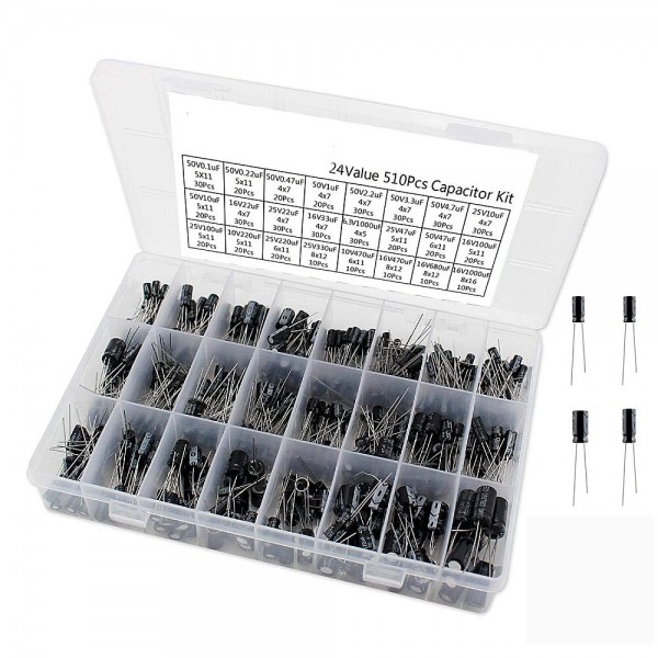 510pcs 24 Values10v/16v/25v/50v (0.1uf~1000uf)Electrolytic Capacitor Assorted Capacitors Assortment Samples Electronic K