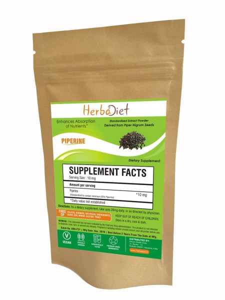 Herbadiet Piperine 95% Powder | Black Pepper Extract Powder 95% by Hplc | Bioavailability Enhancer, Boosts Nutrients Uptake| Gluten Free, Non-GMO B...