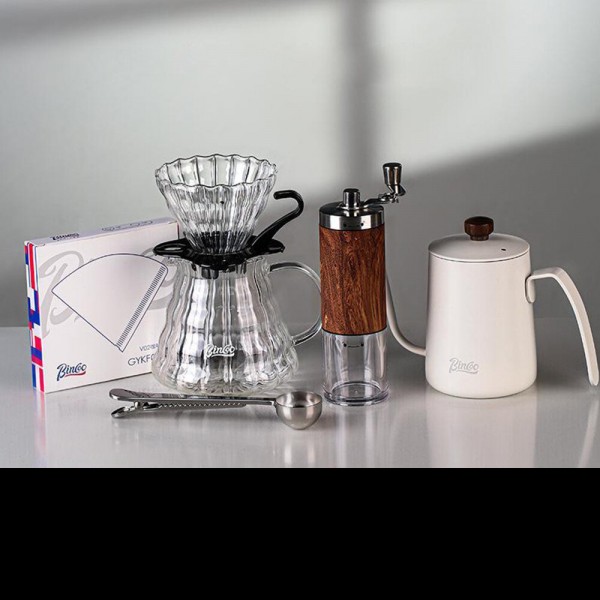 Bincoo Coffee Set Coffee Accessories Woodgrain Manual Grinder Glass Pot with Filter Gooseneck Dripper Kettle Set for Cof