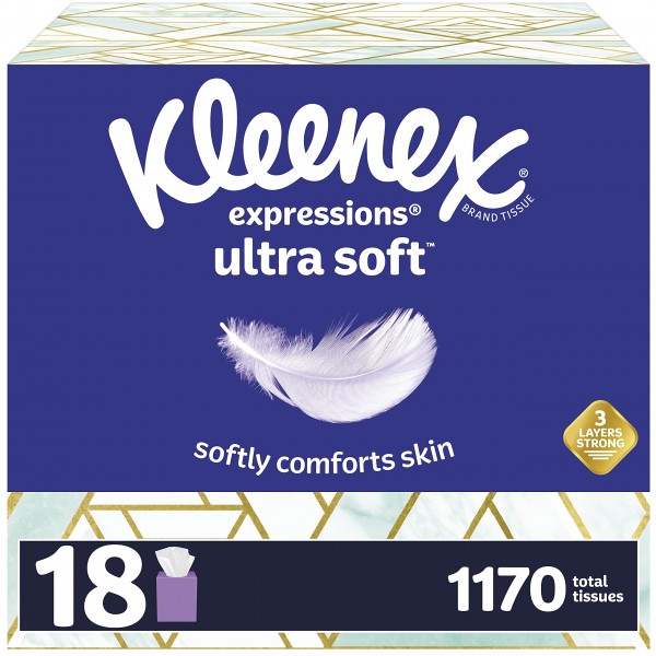 Kleenex Expressions Ultra Soft Facial Tissues, 18 Cube Boxes, 65 Tissues per Box (1,170 Total Tissues)