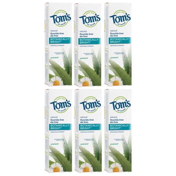 Tom's of Maine Fluoride-Free Botanically Bright Toothpaste, Natural Toothpaste, Whitening Toothpaste, Spearmint, 4.7 Ounce, 6-Pack