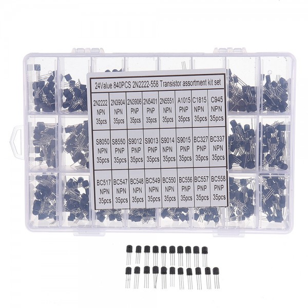 Aemedy® 840pcs 24Values TO-92 Transistor Assortment Kit BC327 BC337 BC547 transistor 2N2222 3904 3906 C945 PNP/NPN Trans