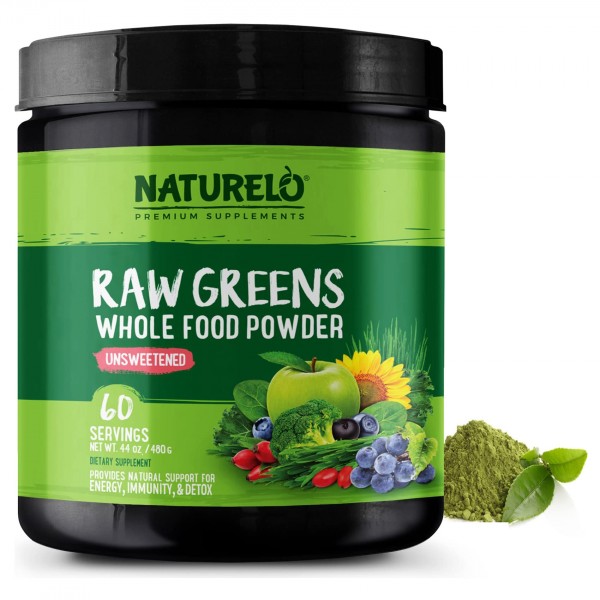 NATURELO Raw Greens Superfood Powder - Unsweetened - Boost Energy, Detox, Enhance Health - Organic Spirulina - Wheat Grass - Whole Food Nutrition f...