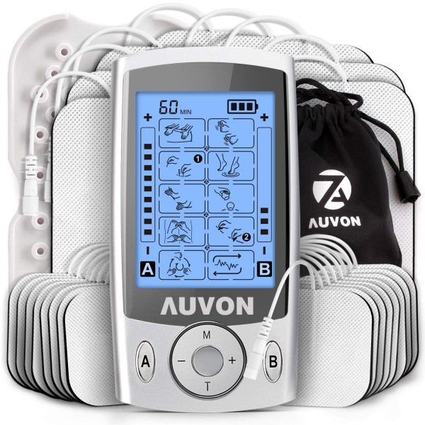 AUVON Dual Channel TENS Unit Muscle Stimulator (Family Pack), 20 Modes Rechargeable TENS Machine with Huge Pack of 24 Pcs Reusable TENS Unit Electr...