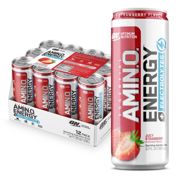 Optimum Nutrition Amino Energy Drink + Electrolytes for Hydration - Sugar Free, Amino Acids, BCAA, Keto Friendly, Sparkling Drink - Juicy Strawberr...