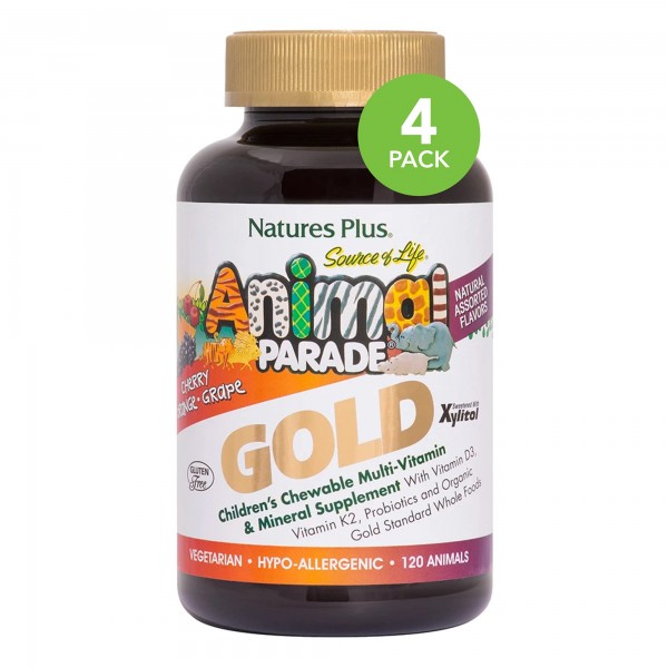 NaturesPlus Animal Parade Gold Children's Multivitamin - Assorted Cherry, Orange & Grape Flavors - 120 Animal-Shaped Chewable Tablets, Pack of ...