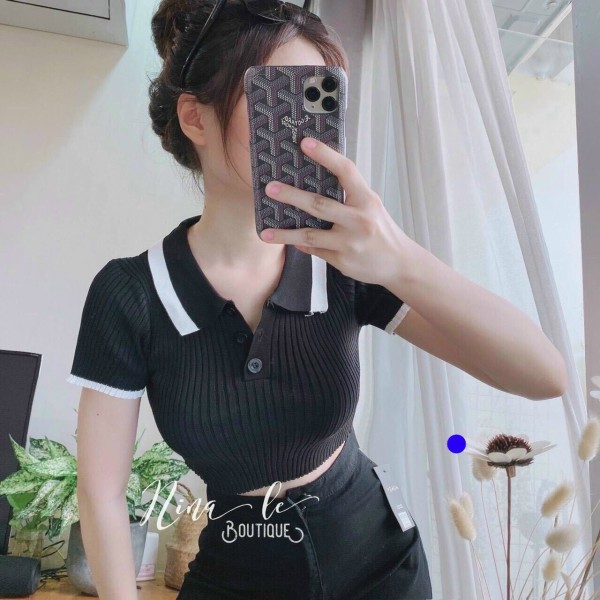 Áo gân cổ bẻ croptop 2 màu siêu chất TTSLA0332