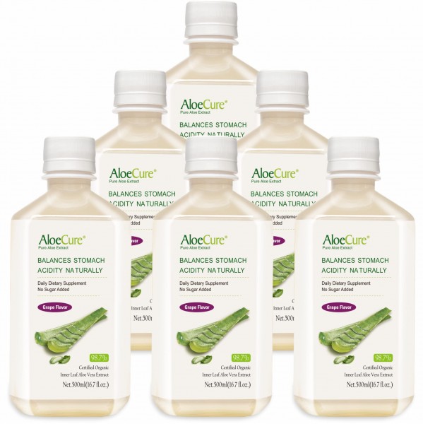 AloeCure Pure Aloe Vera Juice Grape Flavor 6x500ml Bottles, Acid Buffer, Certified Organic Aloe Processed Within 12 Hours of Harvest to Maximize Nu...