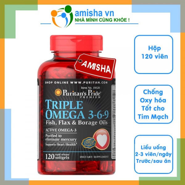 Triple Omega 3-6-9 Fish-Flax-Borage Oils 120v Puritans Pride Mỹ - Sức Khỏe Tim Mạch